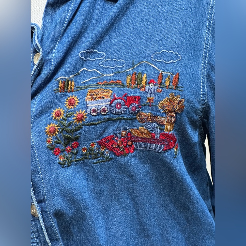 SOLD Vintage Y2K Bobbie Brooks Denim Fall Harvest Embroidered Button Women’s L - Picture 2 of 13